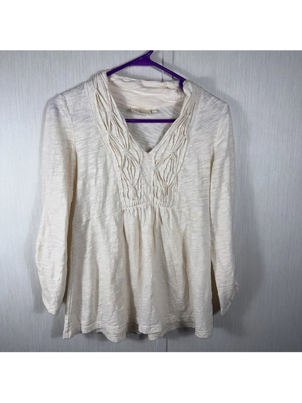 Anthropologie Deletta S Ruched Prairie Style Womens 3/4 Sleeve Slub Cotton